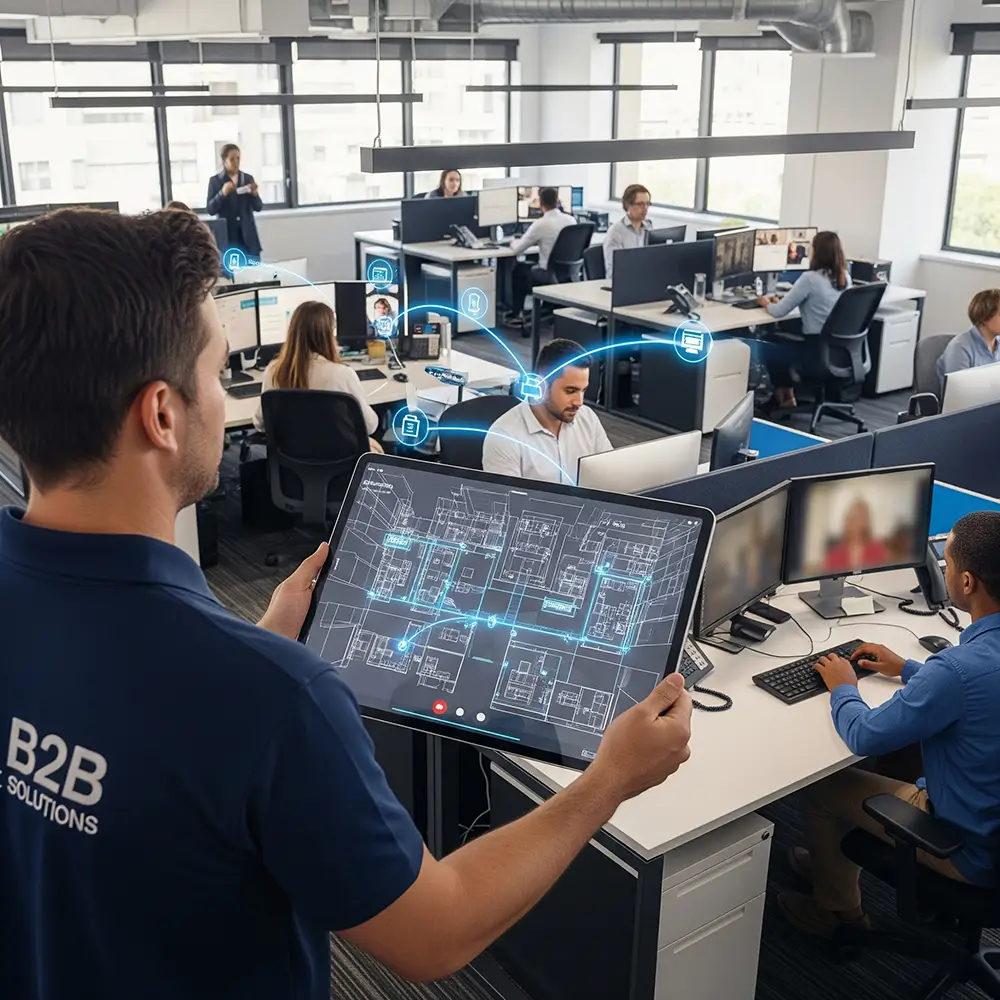 A B2B IT Solutions technician uses a tablet with a network evaluation overlay to assess the office IT infrastructure.