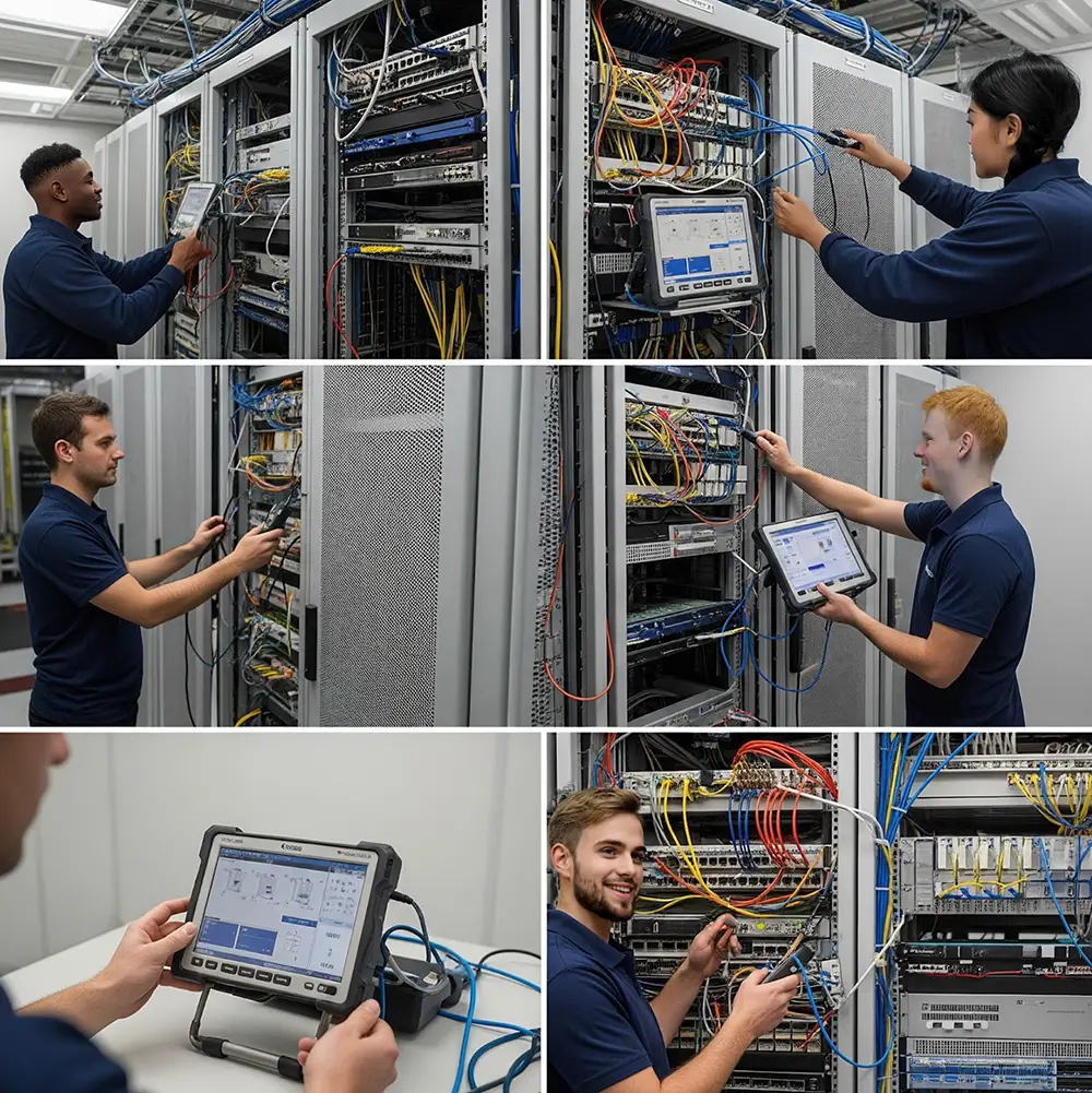 A team of B2B IT Solutions technicians works on network servers and cabling.