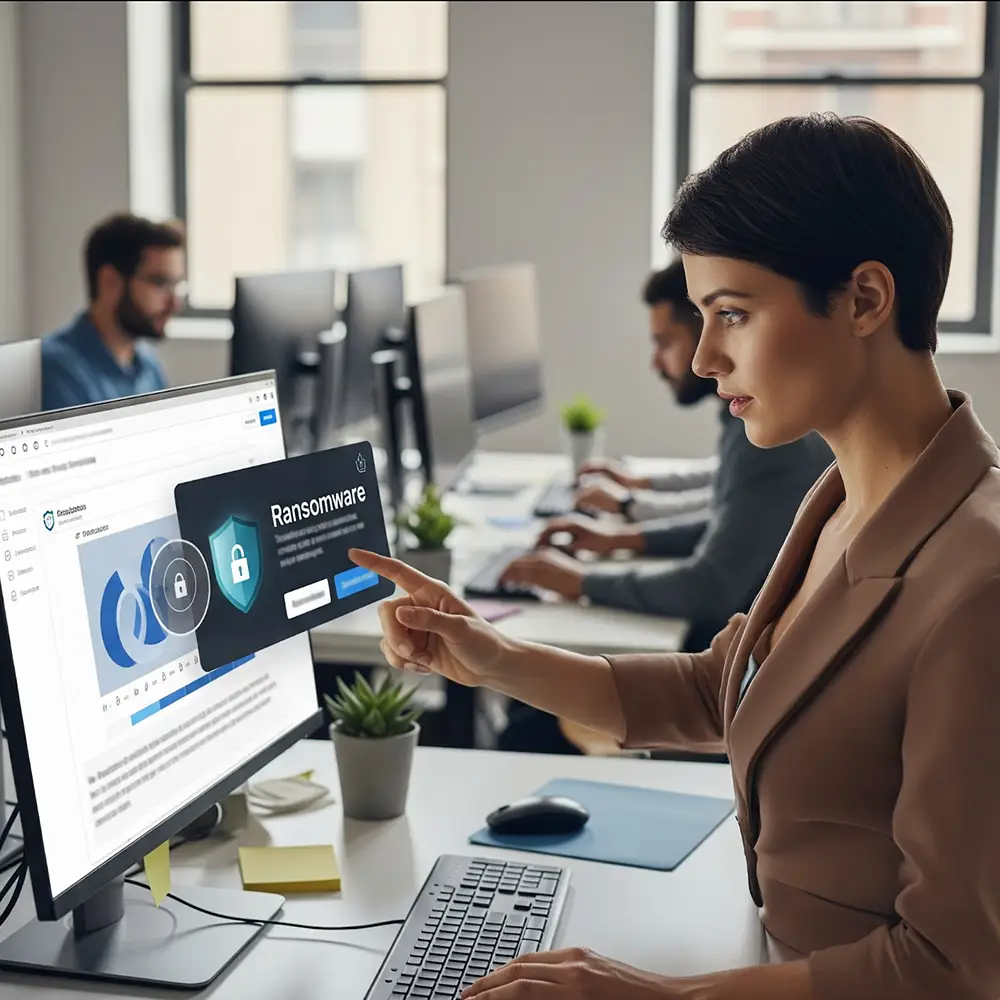 A business woman is about to download ransomware onto her computer.