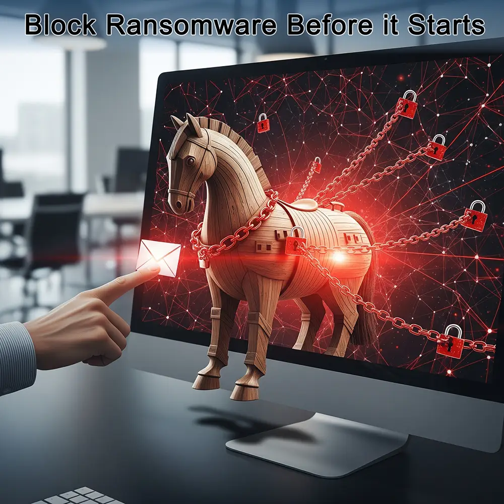 A hand touching an email icon on a computer screen that displays a digital Trojan horse chained with padlocks, with the text Block Ransomware Before it Starts.