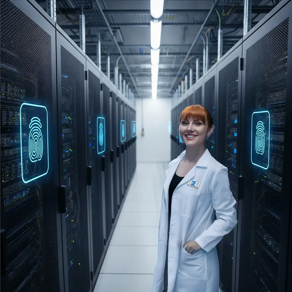 For ransomware protection, a B2B I.T. Solutions backup specialist is shown in a data center with biometric security on encrypted backup systems.